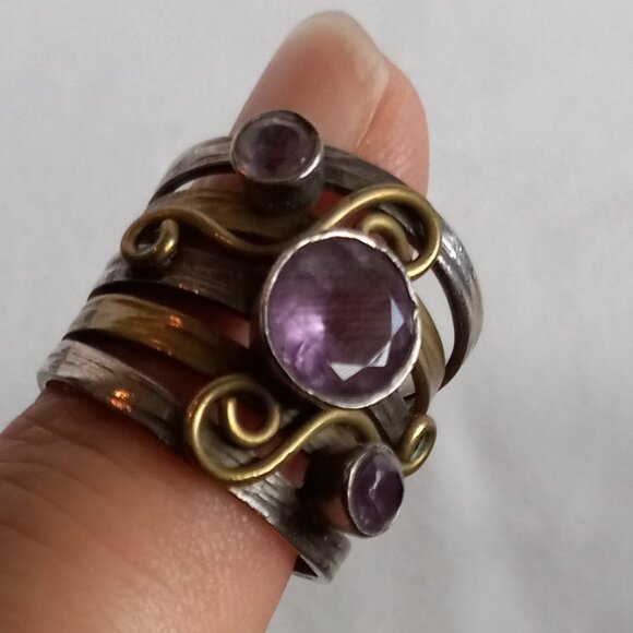 Handmade Silver & Bronze Amethyst Multi-Band Ring - Picture 4 of 8